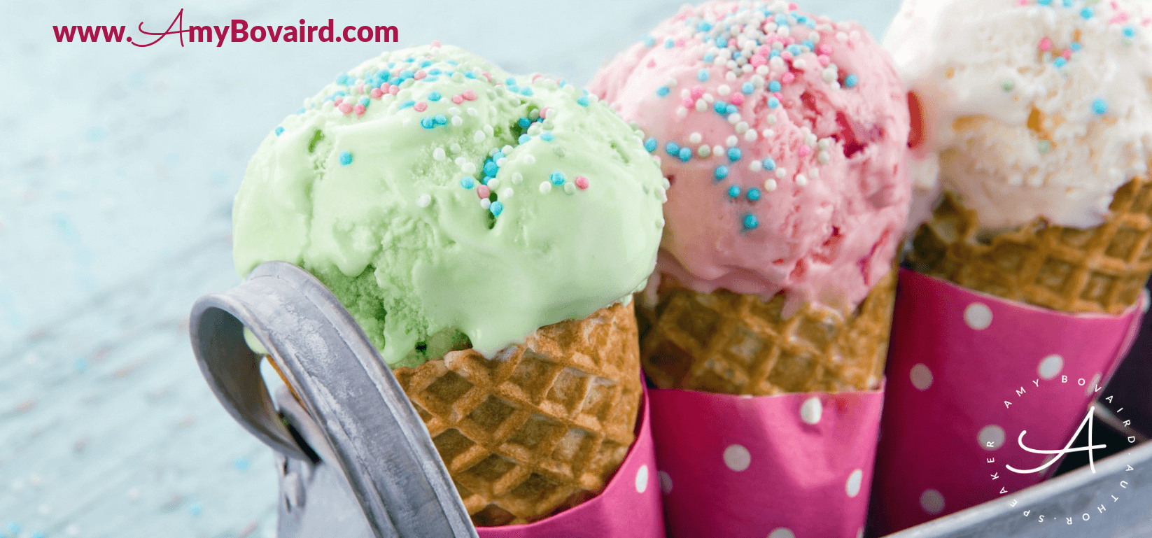 picture of 3 delicious ice cream cones - mint, strawberry, vanilla with sprinkles