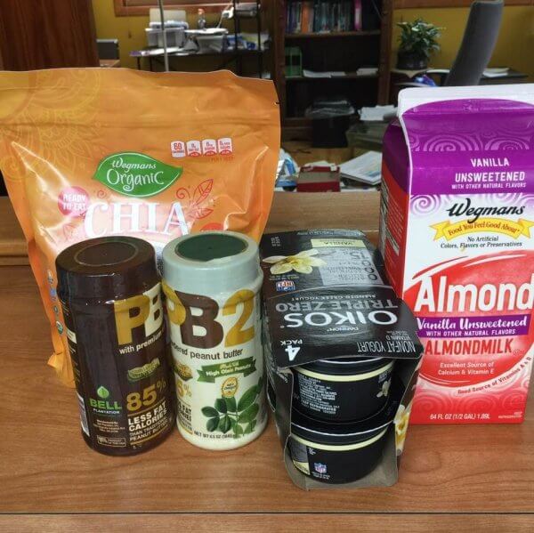 picture of Wegmans Almond milk, powdered peanut butter, chia seeds and yogurt