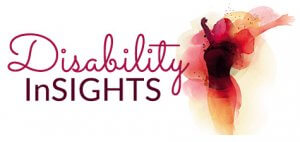 Disability InSIGHTS Logo is a colorful watercolors in burgandy, coral, pink, magenta, of a woman with arms outstretched in freedom