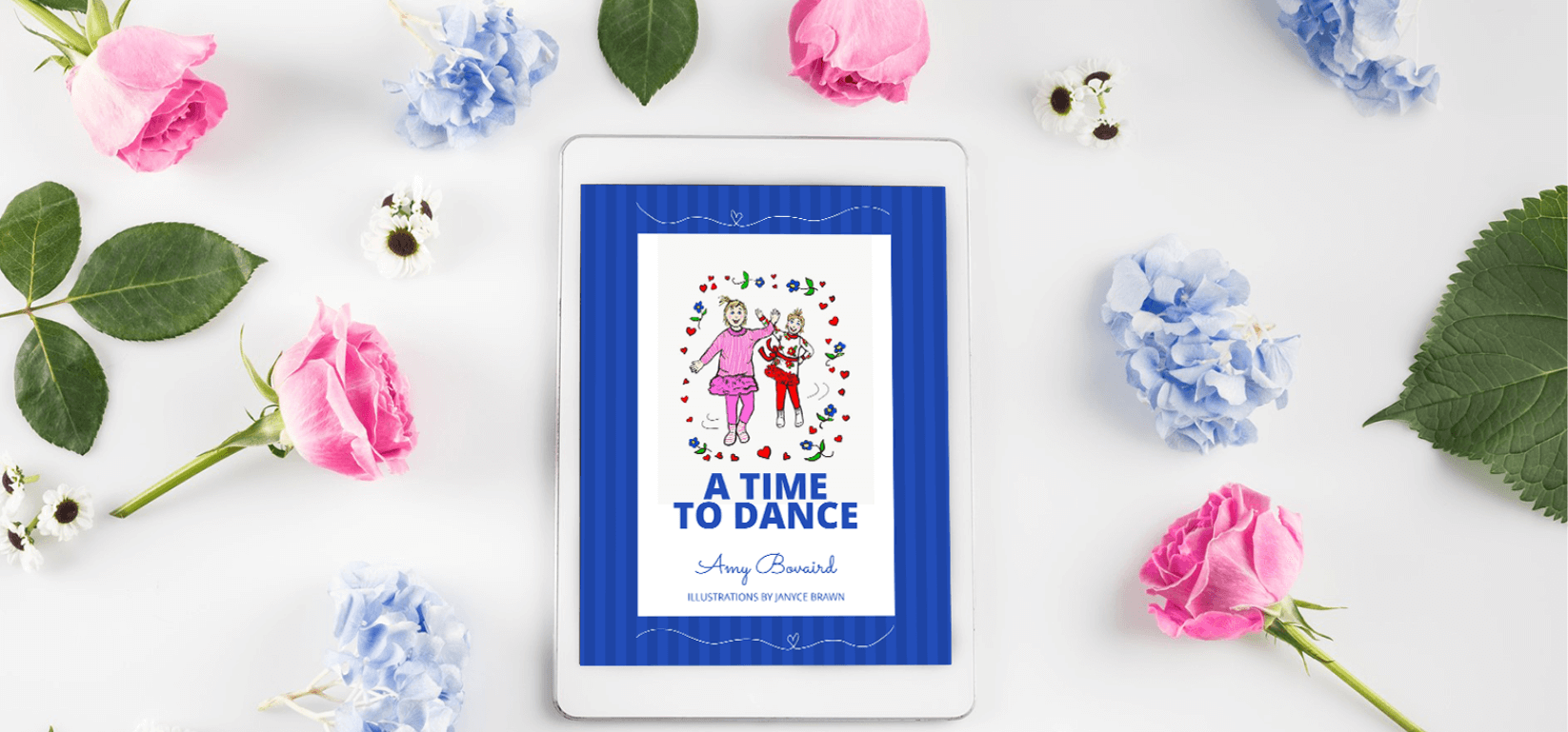 A Time to Dance Featured image of the book cover on a tablet surrounded by beautiful pink and blue flowers